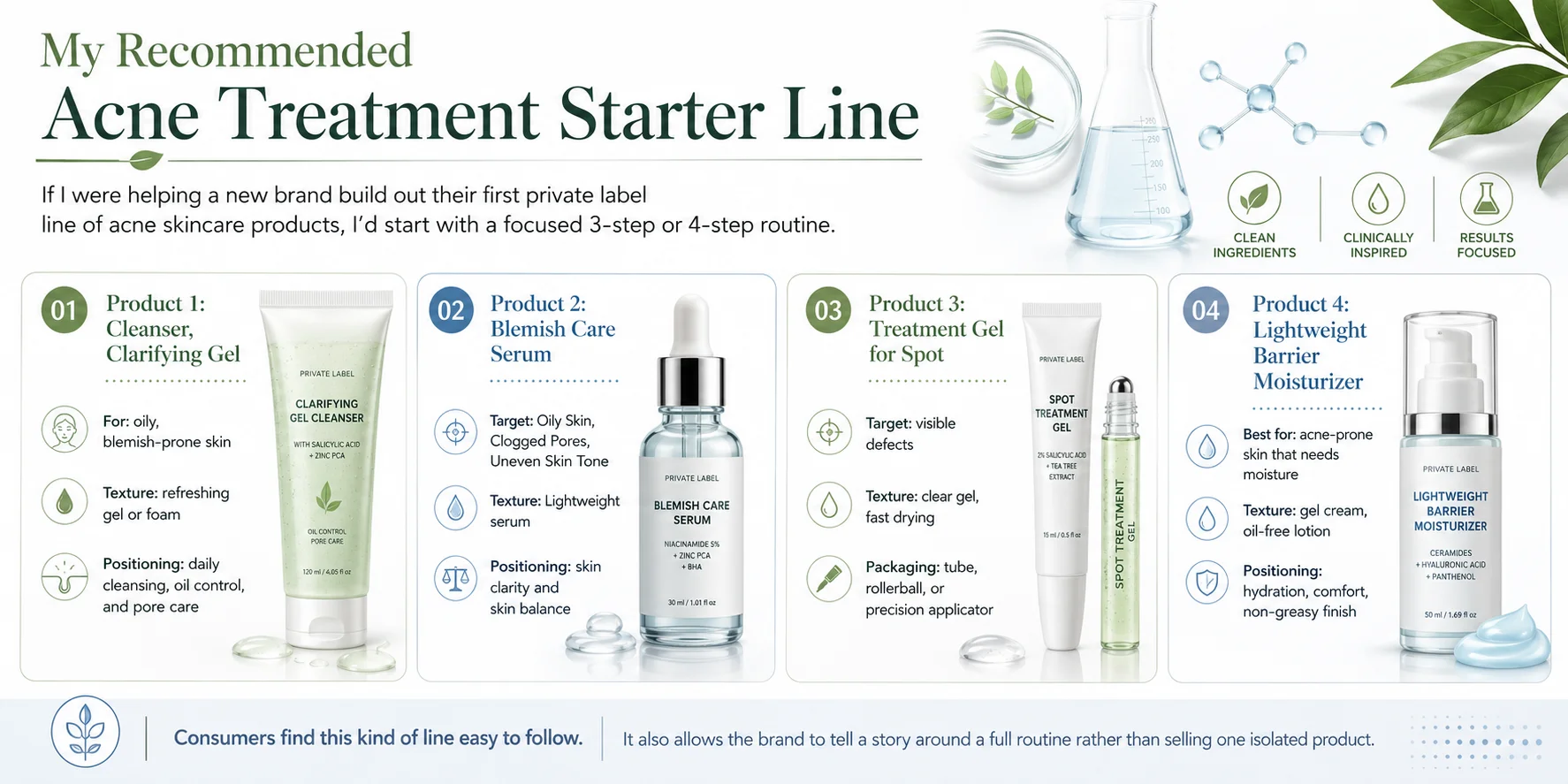 Infographic detailing a recommended four-step acne treatment starter line, including cleanser, serum, spot treatment gel, and moisturizer.
